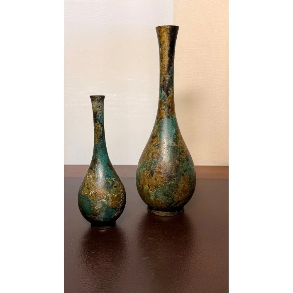 Vintage Japanese Style Patinated Bronze Solifleur Bud Vase Set Verdigris MCM